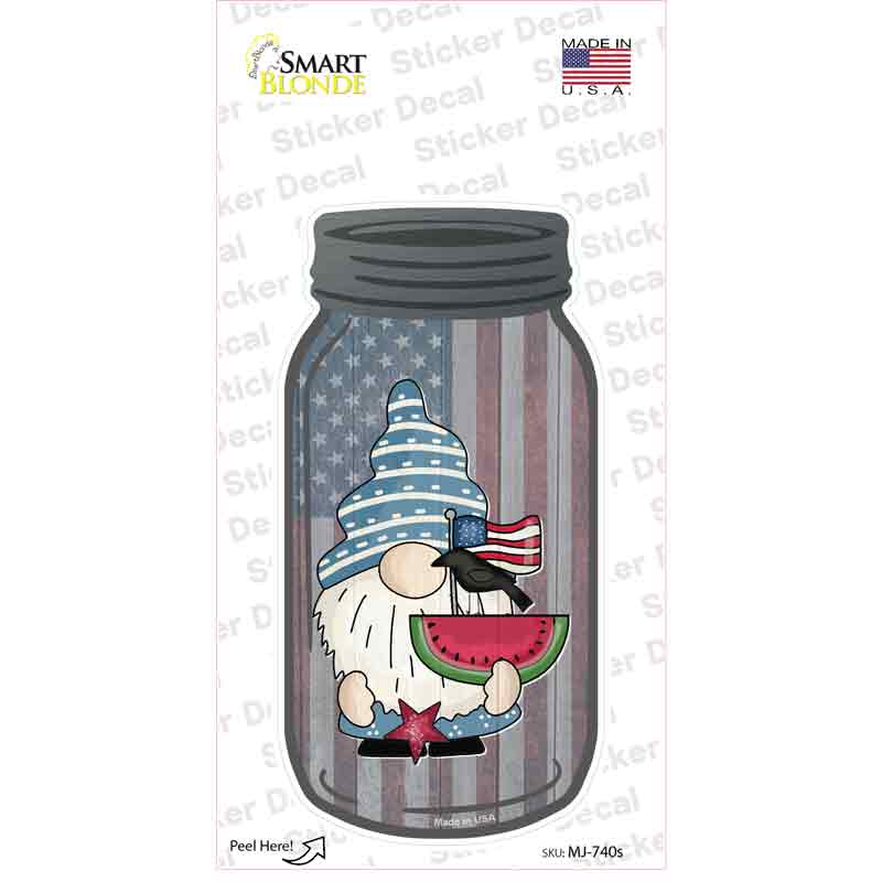 Gnome With Watermelon and Flag Novelty Mason Jar Sticker Decal Small