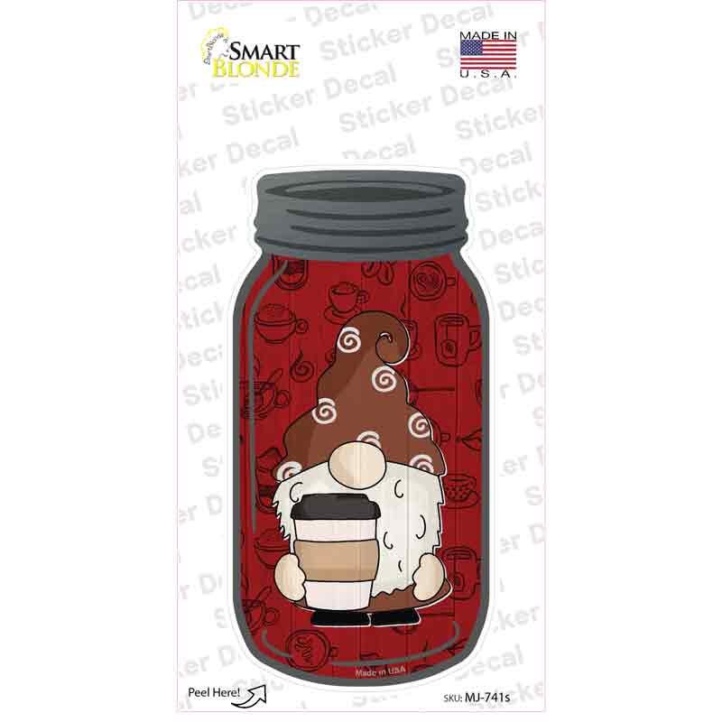 Gnome With Coffee Cup Novelty Mason Jar Sticker Decal Small