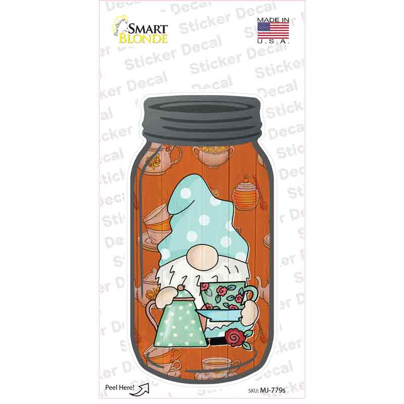 Gnome With Cup of Tea Novelty Mason Jar Sticker Decal Small