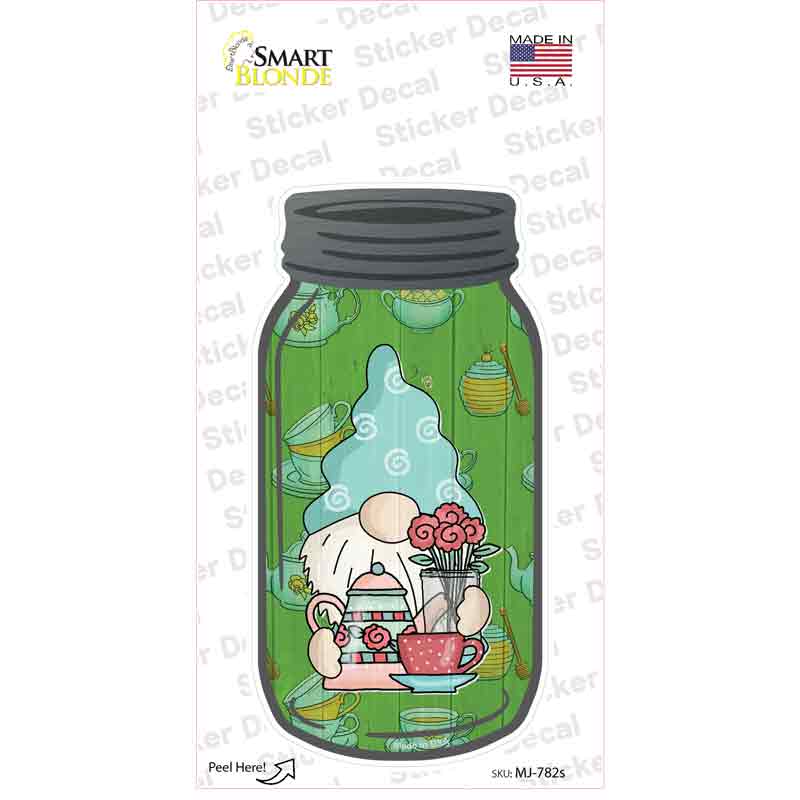 Gnome With Teapot and Flowers Novelty Mason Jar Sticker Decal Small