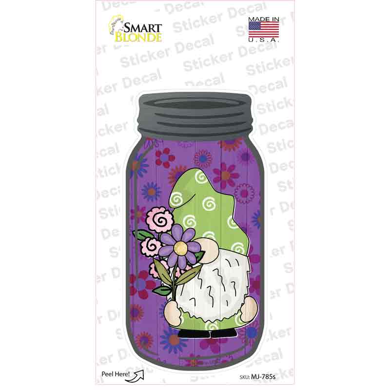 Gnome With Purple Flowers Novelty Mason Jar Sticker Decal Small