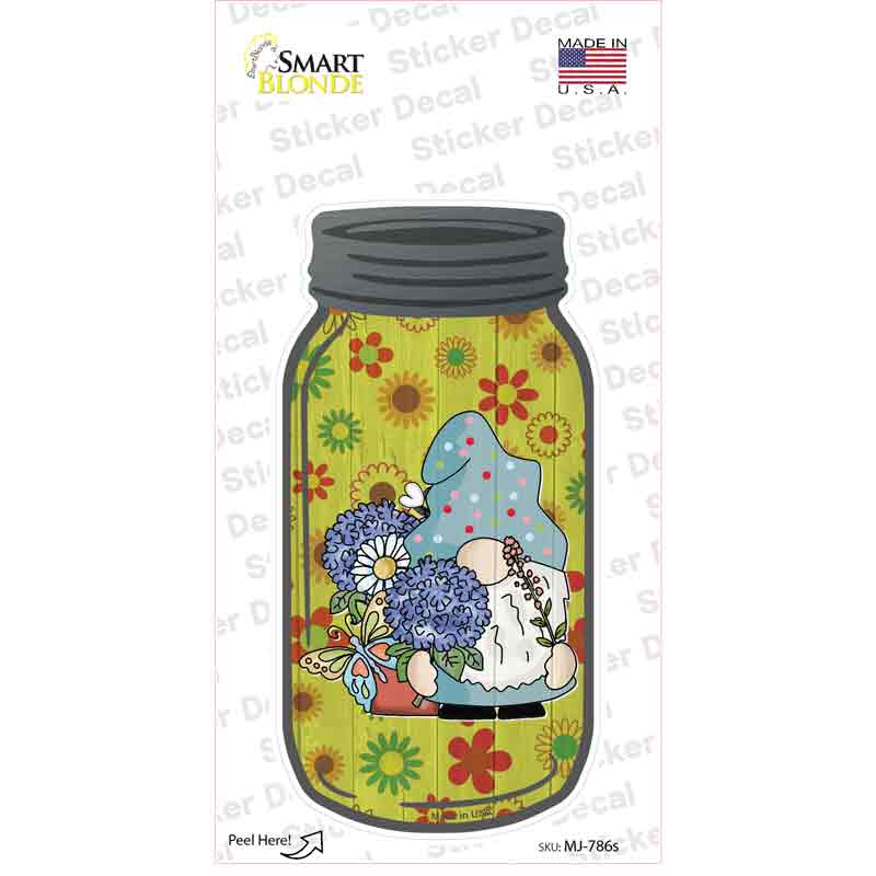 Gnome With Blue Flowers Novelty Mason Jar Sticker Decal Small