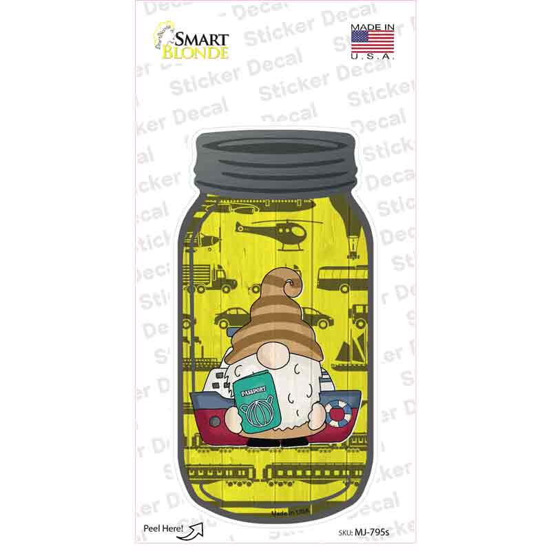 Gnome With Passport and Boat Novelty Mason Jar Sticker Decal Small