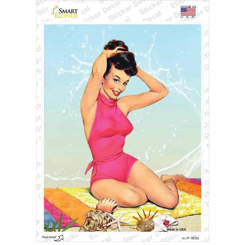 Pink Bathing Suit Girl Vintage Pinup Novelty Rectangle Sticker Decal Small