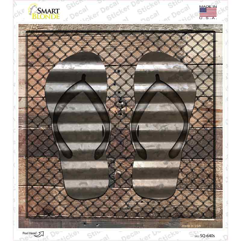 Corrugated Flip Flops on Wood Novelty Square Sticker Decal Small