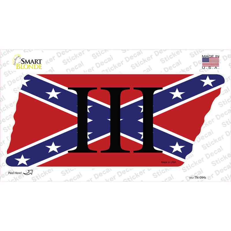 Confederate Three Percenter Novelty Tennessee Shape Sticker Decal Small