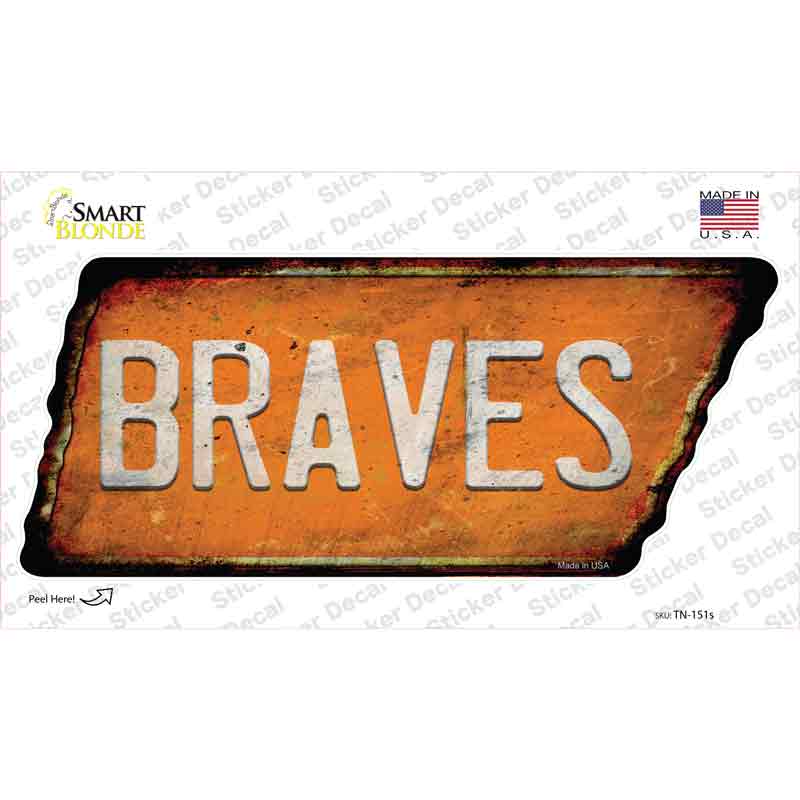 Braves Novelty Rusty Tennessee Shape Sticker Decal Small