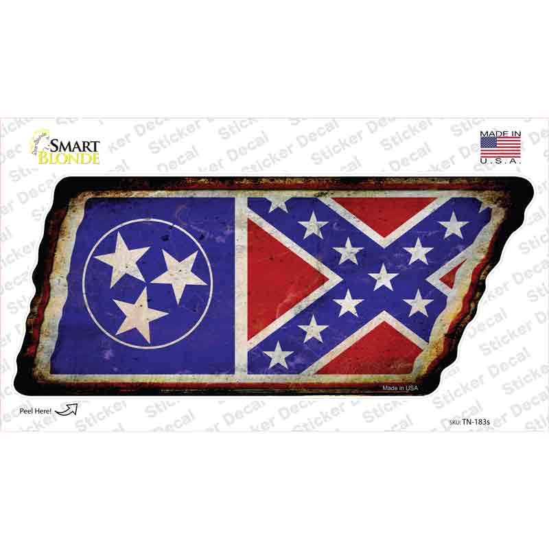 Tennessee Confederate Flag Novelty Rusty Tennessee Shape Sticker Decal Small