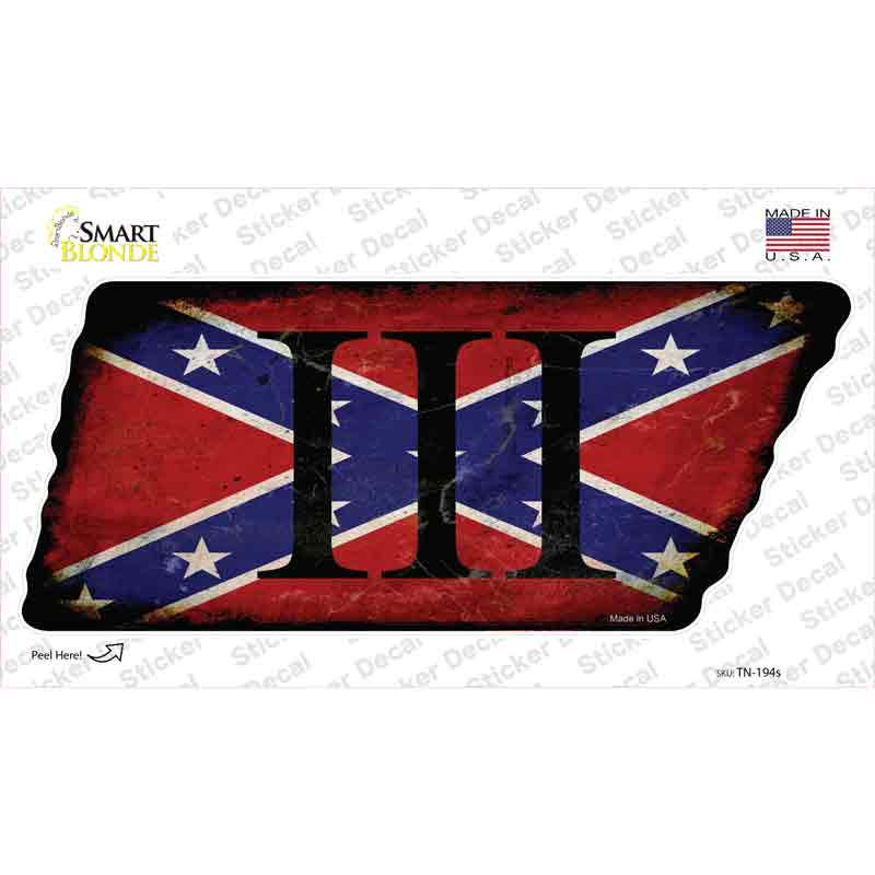 Confederate Three Percenter Novelty Rusty Tennessee Shape Sticker Decal Small