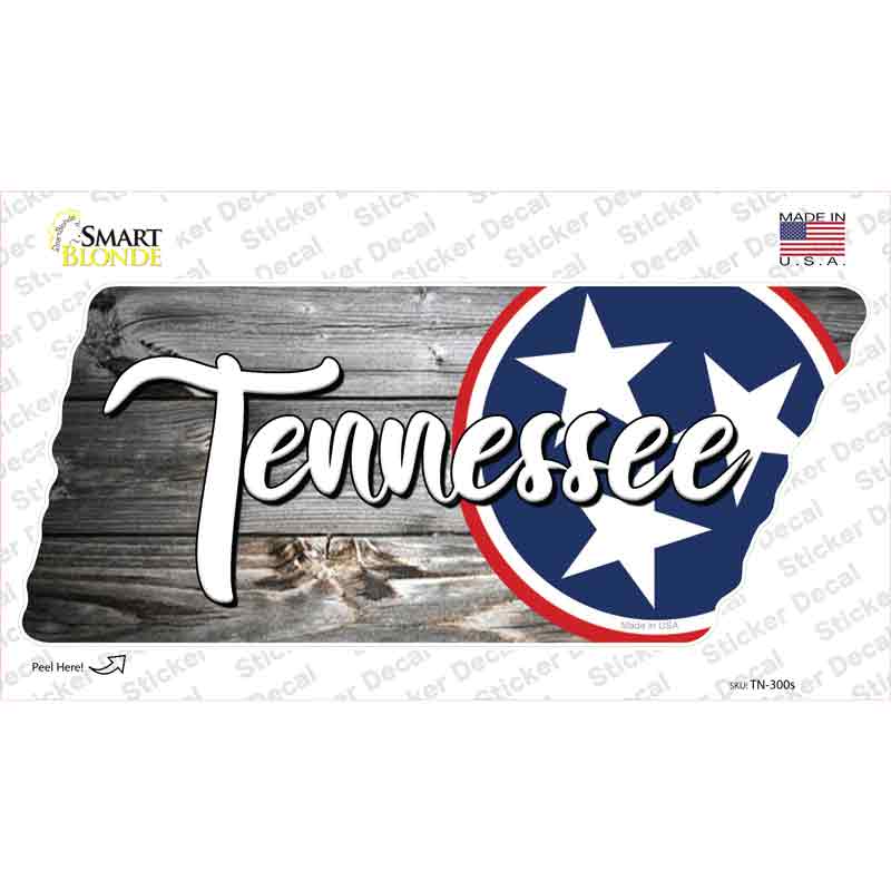 TN Tri Star on Wood Novelty Tennessee Shape Sticker Decal Small