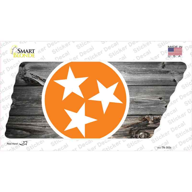 Orange Tri Star on Wood Novelty Tennessee Shape Sticker Decal Small