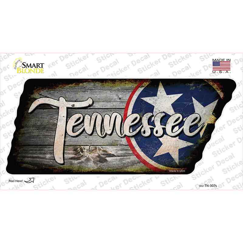 Tennessee Tri Star on Wood Novelty Rusty Effect Tennessee Shape Sticker Decal Small