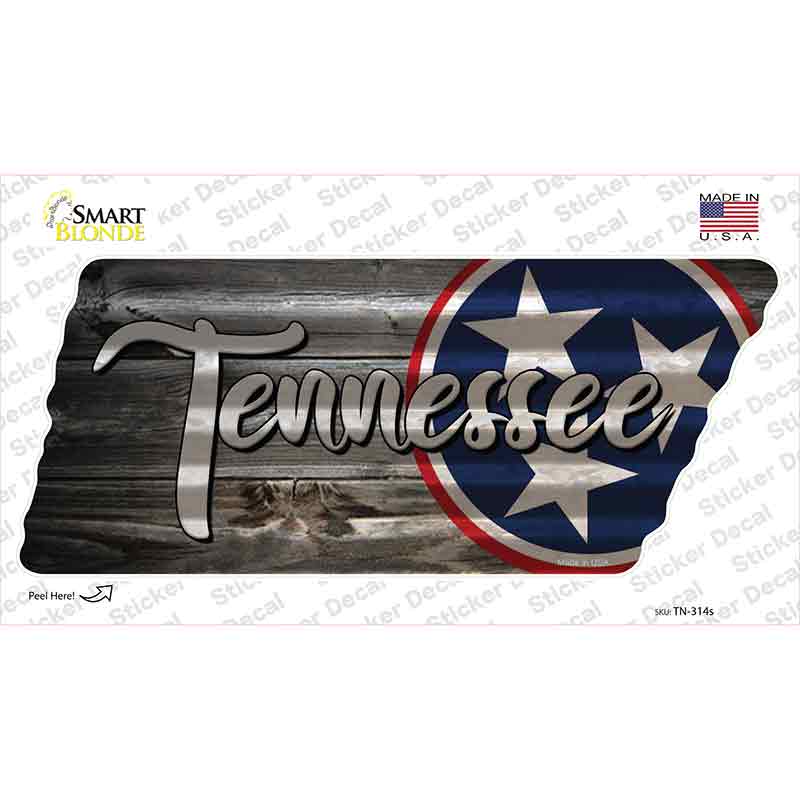 Tennessee Tri Star on Wood Novelty Corrugated Effect Tennessee Shape Sticker Decal Small