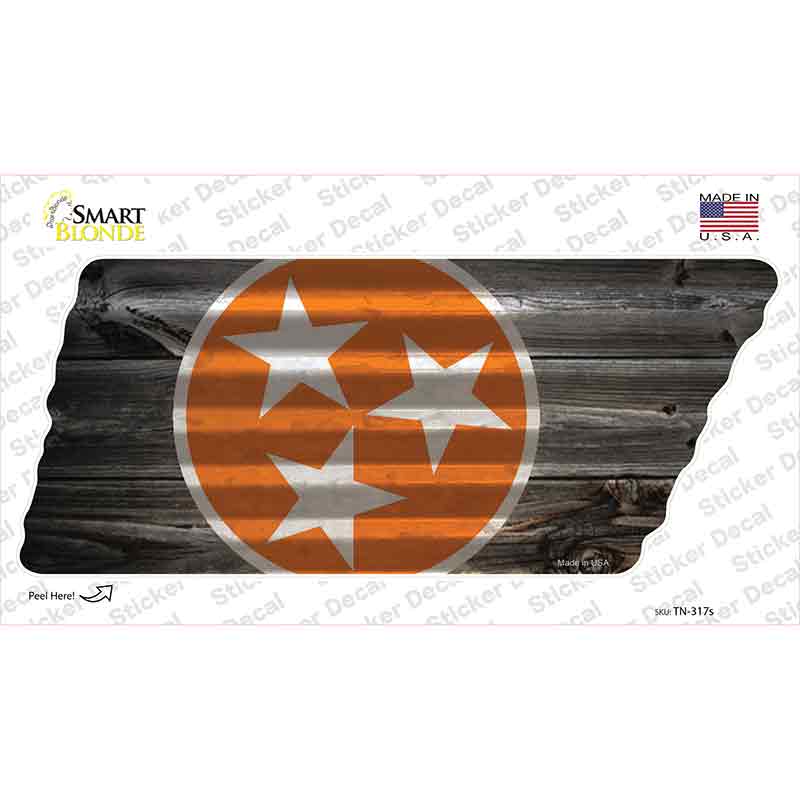 Orange Tri Star on Wood Novelty Corrugated Effect Tennessee Shape Sticker Decal Small