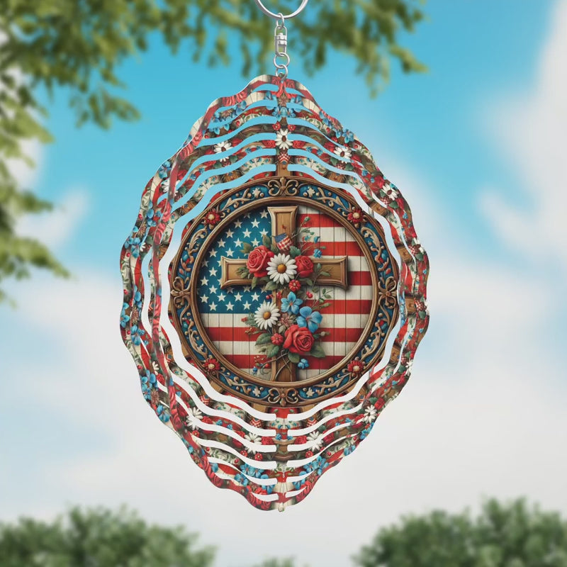 Flowered Cross American Flag Novelty Metal Wind Spinner WCS-230