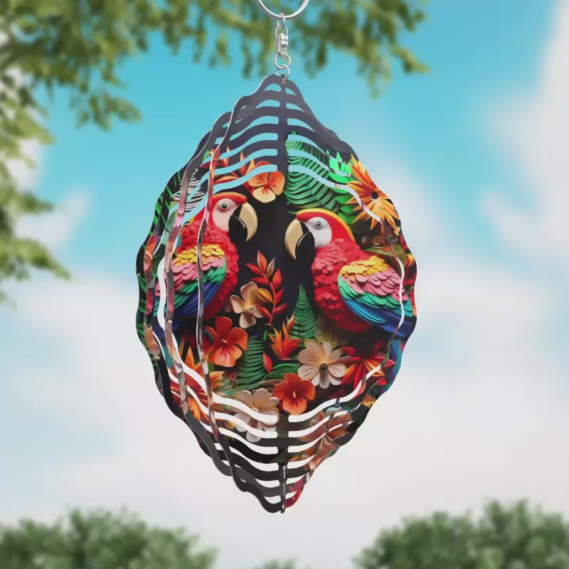 Two Parrots with Flowers Novelty Metal Wind Spinner