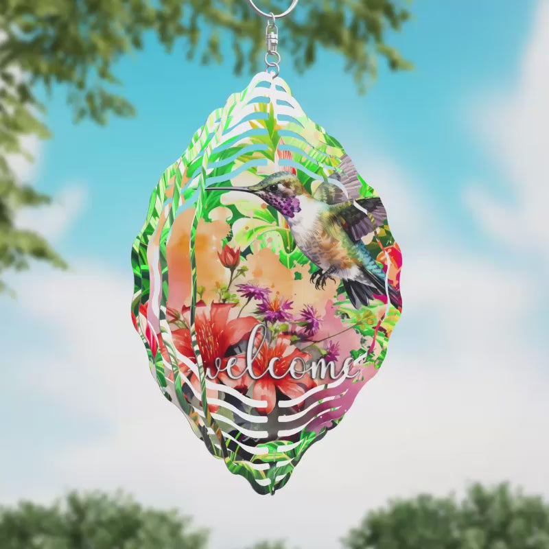 Hummingbird Welcome Flowers Novelty Metal Wind Spinner