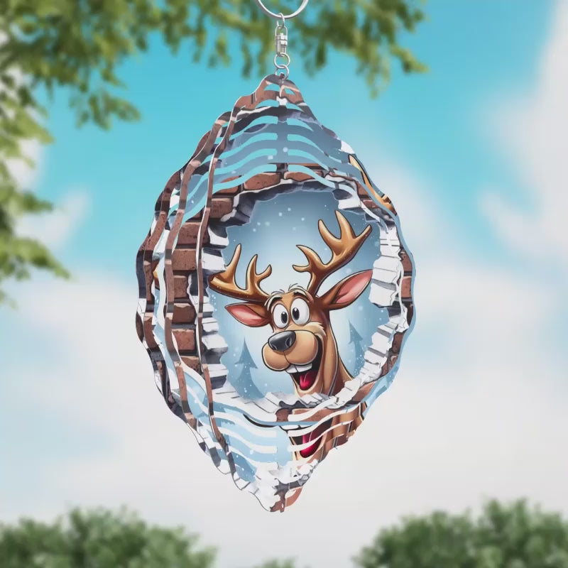 Reindeer Snowie Brick Wall Novelty Metal Wind Spinner