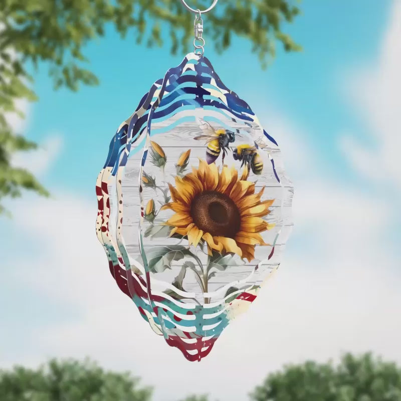 Sunflower with American Flag Novelty Metal Wind Spinner