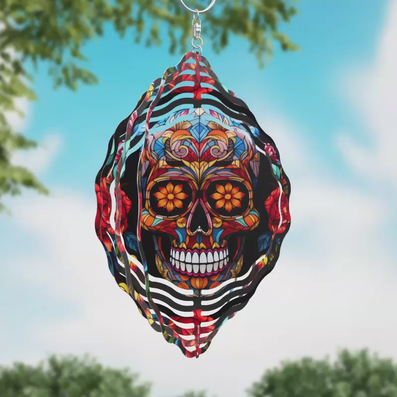 Sugar Skull with Roses Novelty Metal Wind Spinner