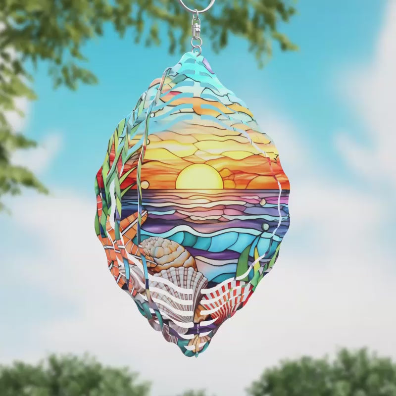 Ocean Sunset Stained Glass Novelty Metal Wind Spinner