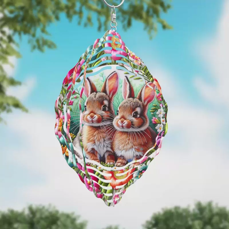 Bunnies in a Ring of Flowers Novelty Metal Wind Spinner