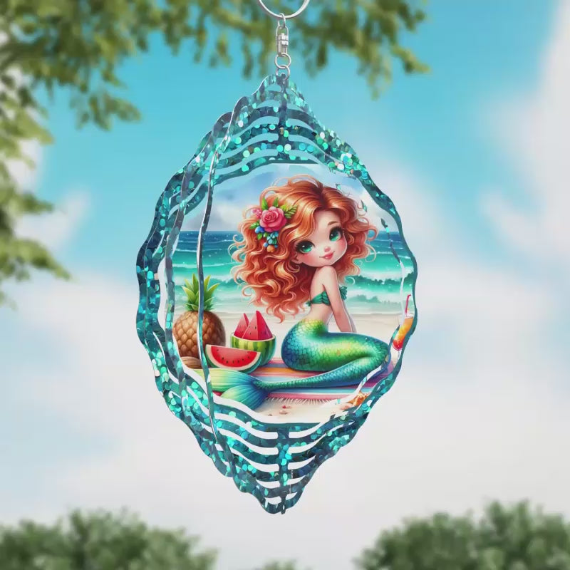 Mermaid Teal Glitter Novelty Metal Wind Spinner