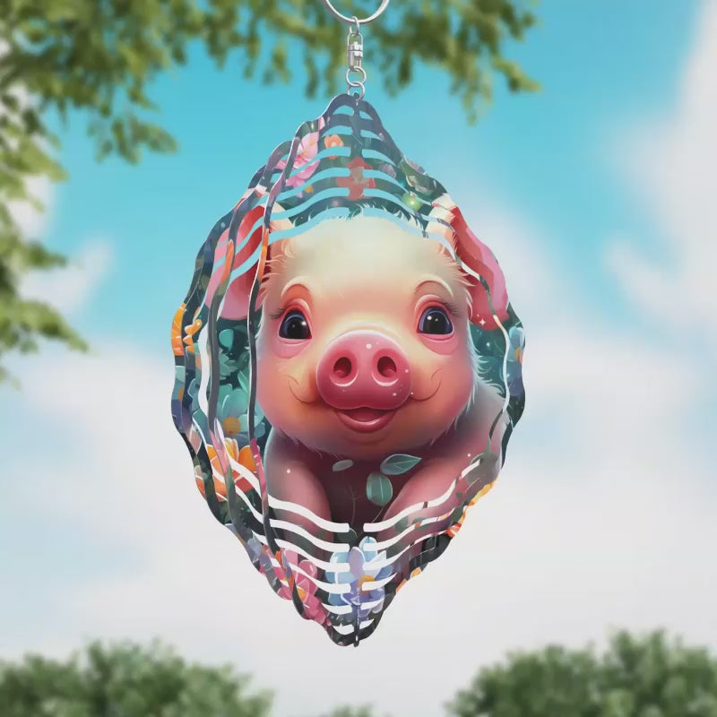 Pig with Colorful Flowers Novelty Metal Wind Spinner