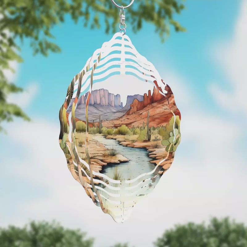 Desert Sunset Stream and Mountains Novelty Metal Wind Spinner