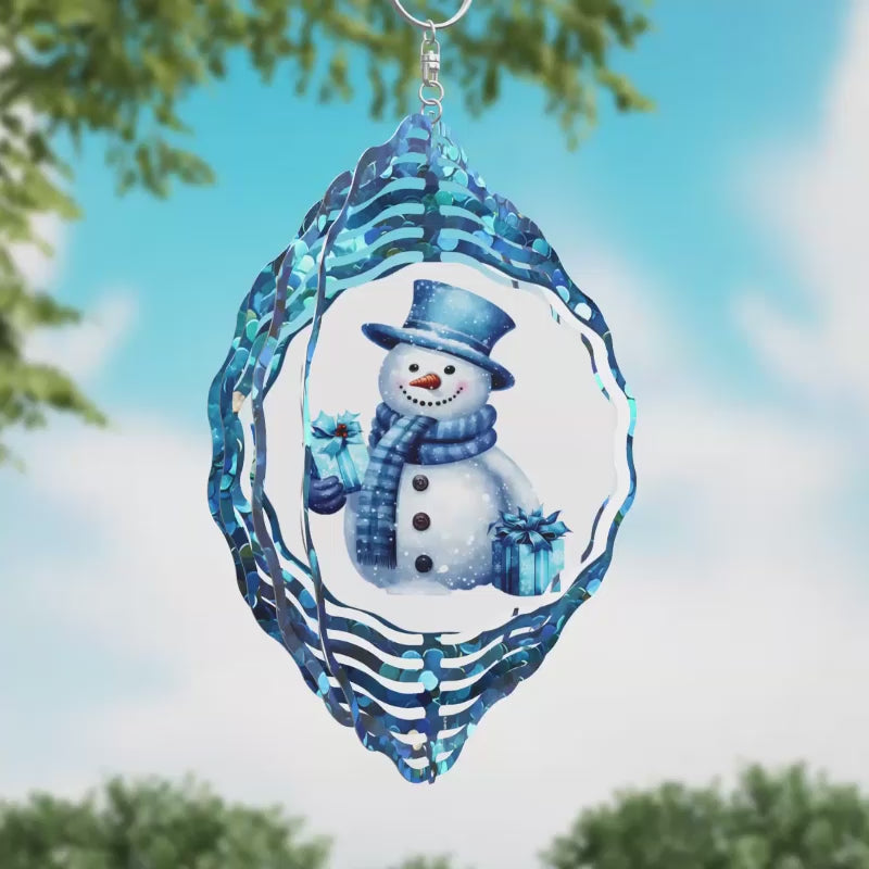 Snowman with Blue Glitter Novelty Metal Wind Spinner