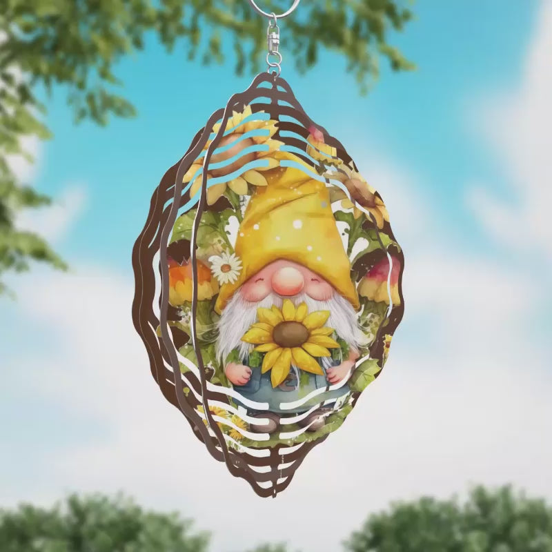 Gnome with Sunflowers Novelty Metal Wind Spinner