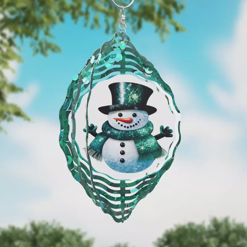 Snowman with Green Glitter Novelty Metal Wind Spinner