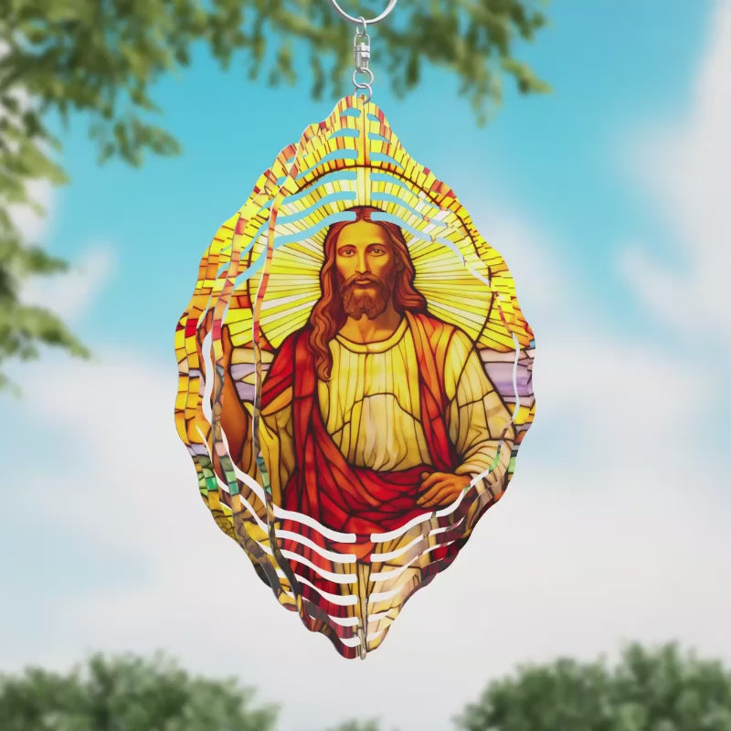 Jesus Stained Glass Sunburst Novelty Metal Wind Spinner