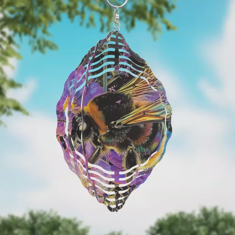 Wasp on Iridescence Flowers Novelty Metal Wind Spinner