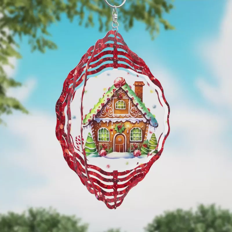 Gingerbread House in Red Glitter Wreath Novelty Metal Wind Spinner