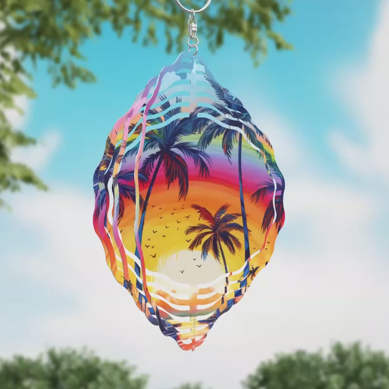 Palms Rainbow and Birds Novelty Metal Wind Spinner