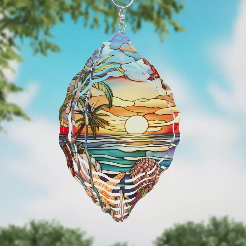 Ocean Sunset Palm Tree Stained Glass Novelty Metal Wind Spinner